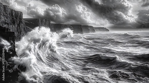 Dramatic black and white photo of powerful ocean waves crashing against dramatic cliffs under a stormy sky. (1)