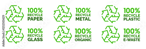 Set of symbols and signs for design of recycle label products. 100% recycle, paper, metal, plastic, glass, organic, e-waste. Vector illustration.