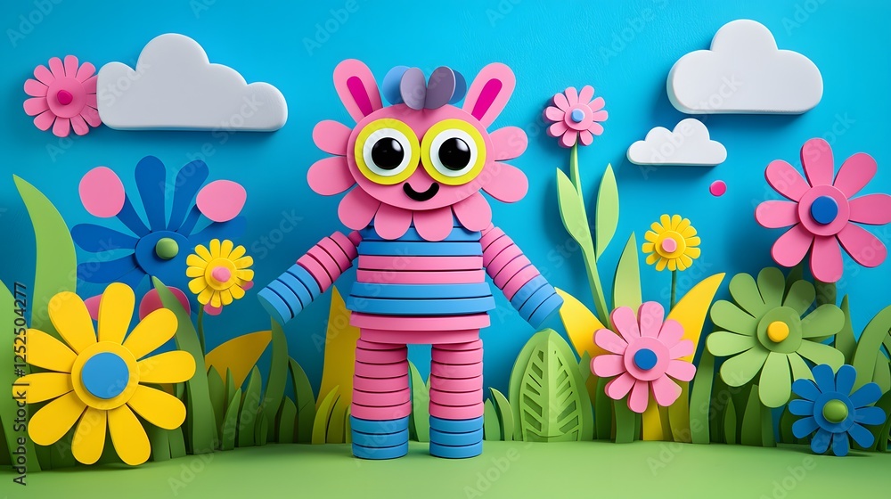 Naklejka premium Playful Colorful Character Surrounded by Bright Flowers and Clouds