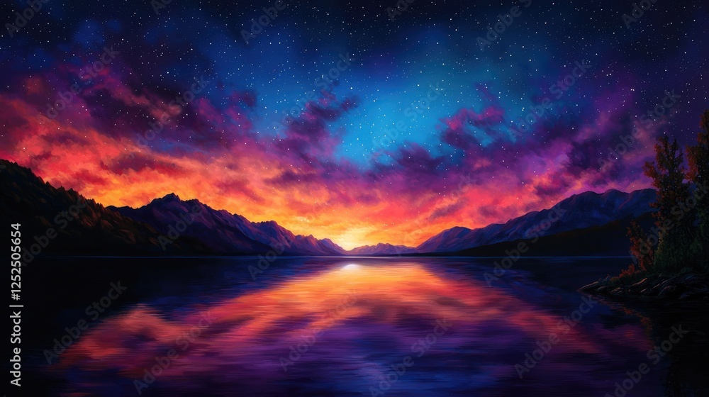 Naklejka premium Vibrant Sunset Over Tranquil Lake with Mountain Silhouettes