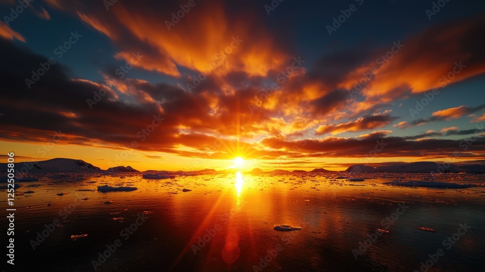 Obraz premium Breathtaking Sunset Over Tranquil Arctic Ocean with Dramatic Clouds
