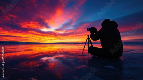 Photographer Capturing Stunning Sunset Over Frozen Landscape