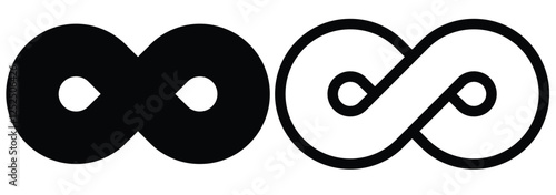 Infinity symbol set. Infinity symbols collection, black infinity vector illustrations on white background. Symbols of endless, unlimited infinity, eternity, loop, discontinuation, and repetition.