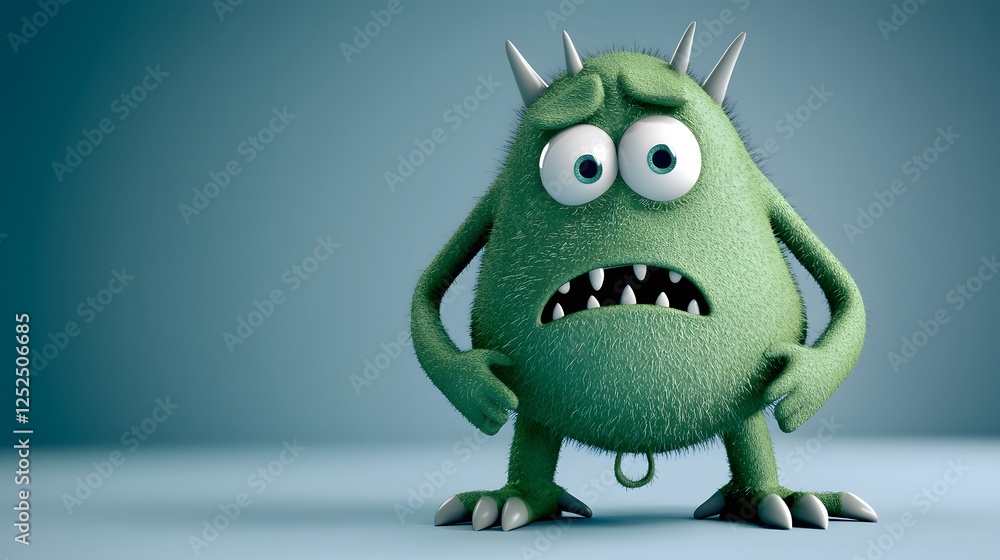Fototapeta premium Friendly Green Monster with Spikes and Big Eyes in Cute Pose