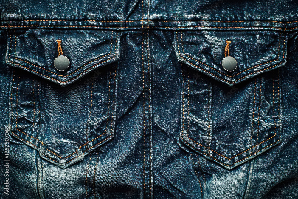 Close-up of denim jacket pockets, textured fabric detail, fashion background Close-up of denim jacket pockets, textured fabric detail, fashion background