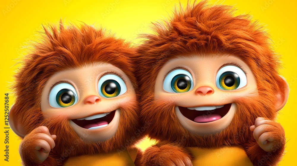 Fototapeta premium Two Playful Cartoon Monkeys with Big Eyes and Bright Expressions