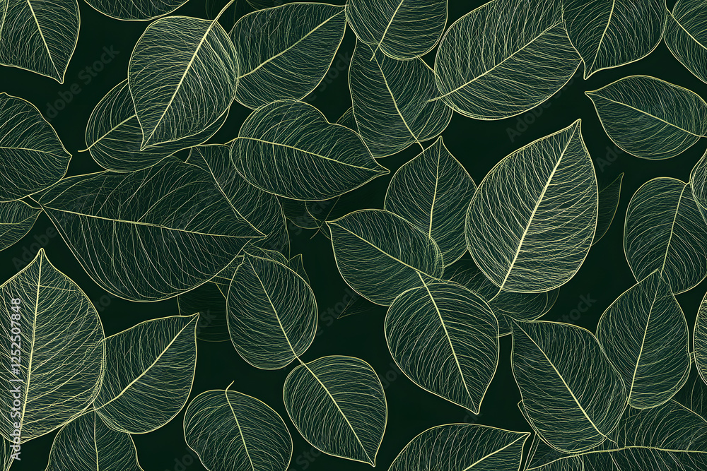 Abstract seamless pattern of delicate green leaves with intricate veins on a dark background, nature-inspired art, eco-friendly design, organic textures, and botanical wallpaper Abstract seamless pattern of delicate green leaves with intricate veins on a dark background, nature-inspired art, eco-friendly design, organic textures, and botanical wallpaper