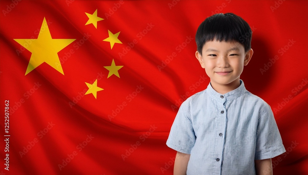 a cute Chinese boy standing against Chinese flag background a cute Chinese boy standing against Chinese flag background