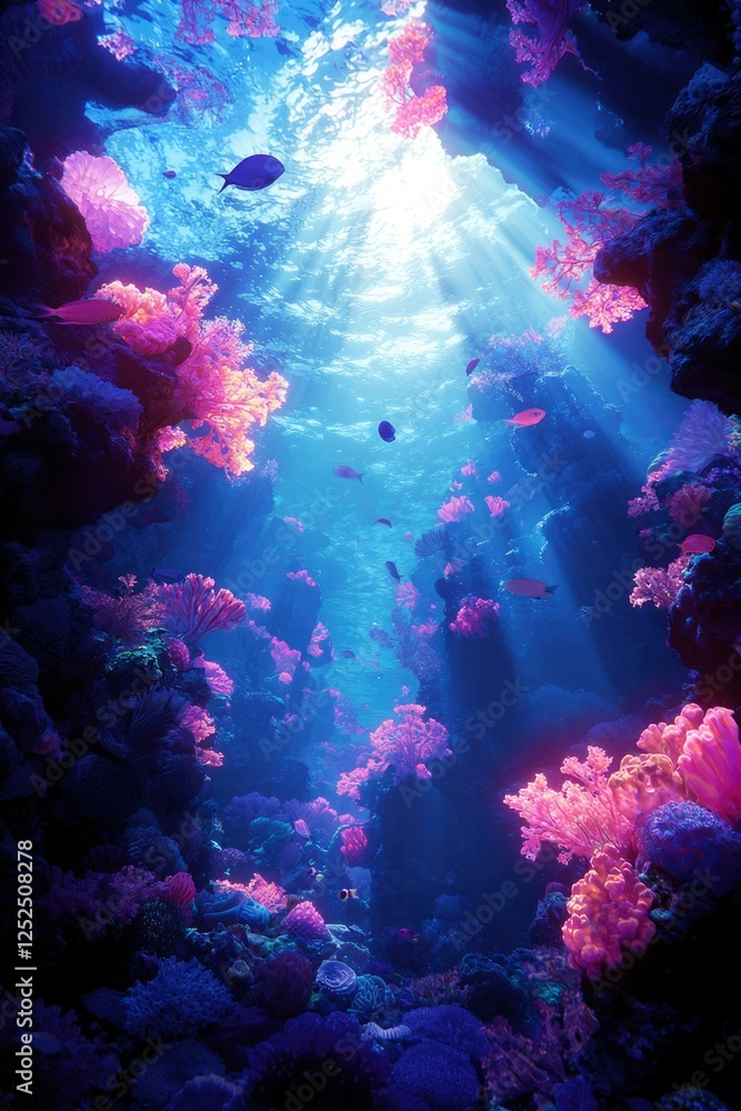 Fototapeta premium Underwater scene sun rays through coral reef with fish; ideal for desktop wallpaper