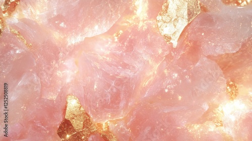Close-up of pink quartz with gold flakes - vibrant and shimmering crystal surface