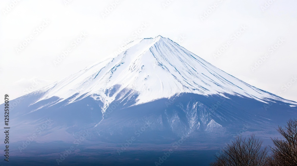 Majestic Snow-Capped Mountain Peak Ascending Into The Tranquil White Sky Majestic Snow-Capped Mountain Peak Ascending Into The Tranquil White Sky