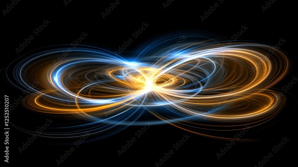 Abstract Energy Swirls of Blue and Gold Light Streaks on Black Backdrop Artistic Design Elements.
