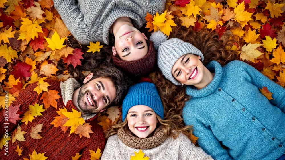 Happy Family Lying on Autumn Leaves Happy Family Lying on Autumn Leaves