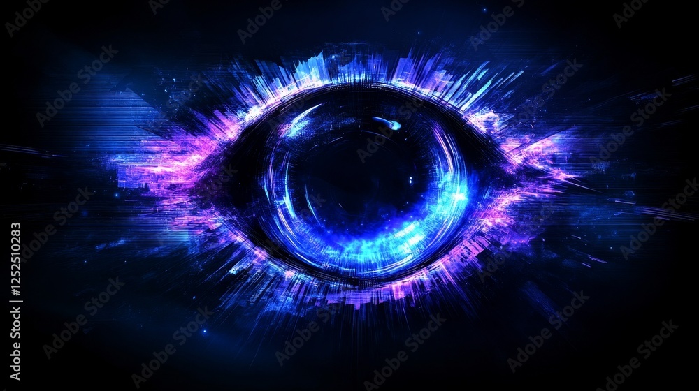 Abstract Eye Iris Cosmic Nebula Vortex Blue Purple Light Effects Artistic Visual Creation. Abstract Eye Iris Cosmic Nebula Vortex Blue Purple Light Effects Artistic Visual Creation.