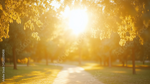 Golden sunlight illuminates a tranquil forest path, evoking peace and natural harmony.