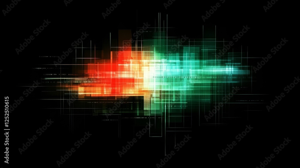 Fototapeta premium Abstract Geometric Composition with Luminous Blocks and Intersecting Lines on a Dark Backdrop.