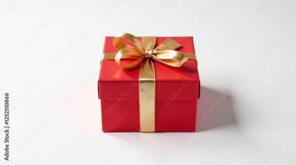 A Festive Red Gift Box with a Golden Ribbon Bow, Isolated on a White Background A Festive Red Gift Box with a Golden Ribbon Bow, Isolated on a White Background