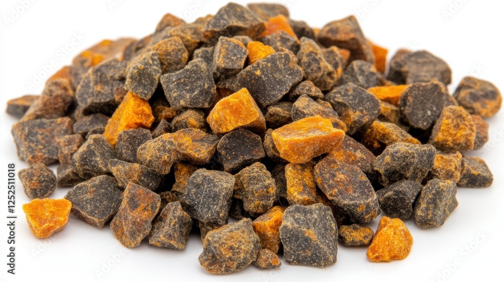 Close-Up View of Natural Orange and Black Rock Aggregate Piled Together on a White Background Close-Up View of Natural Orange and Black Rock Aggregate Piled Together on a White Background