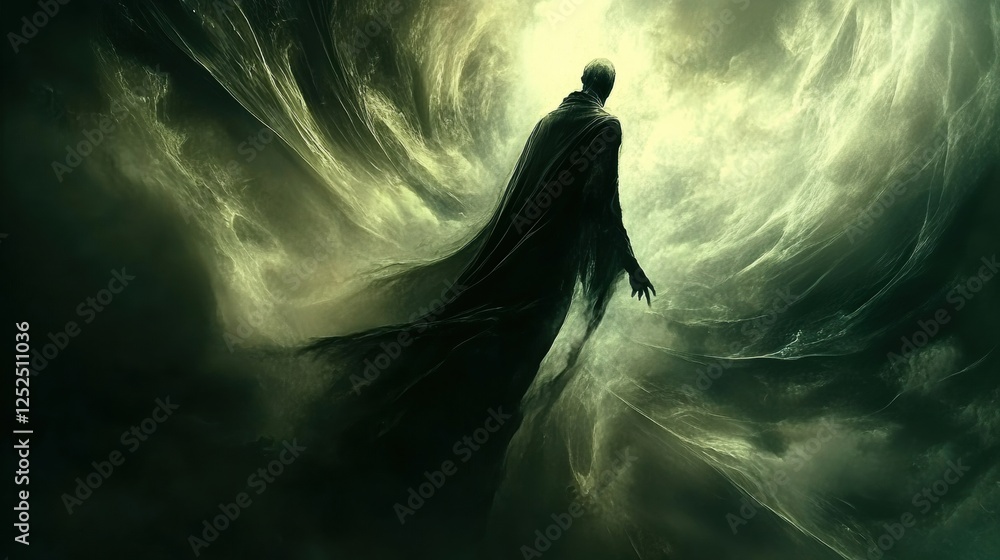 Mysterious Ethereal Silhouette in Cloak Against a Swirling Dark and Light Background Mysterious Ethereal Silhouette in Cloak Against a Swirling Dark and Light Background
