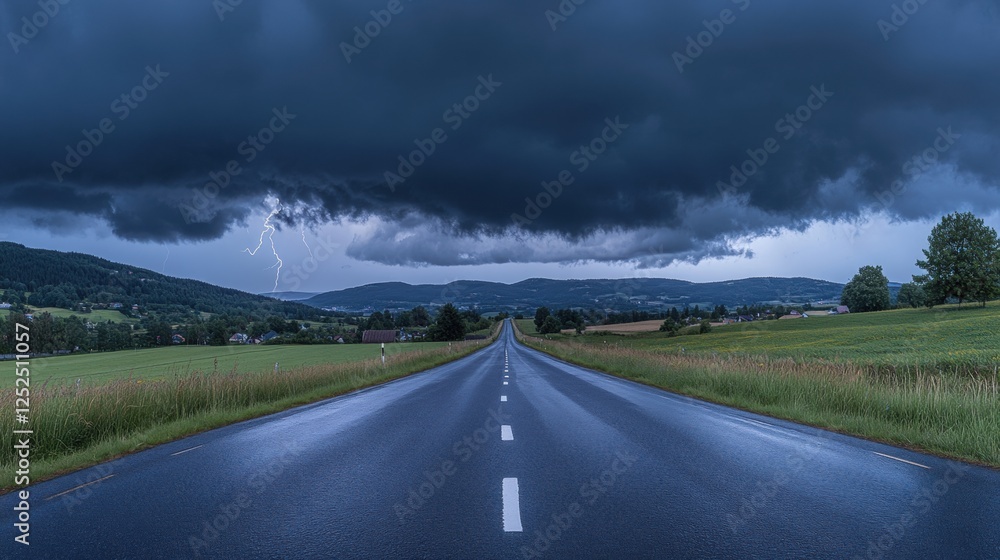 Fototapeta premium Dramatic Storm Clouds Over a Long Empty Road Through Lush Countryside Landscape