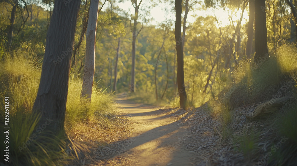 Obraz premium Golden sunlight illuminates a tranquil forest path, evoking peace and natural harmony.