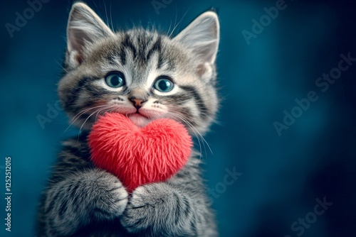 European shorthair - my beloved cat. Commercial conceptual art. Cute european shorthair kitty with fluffy red heart - sign of love, funny greeting card. Valentine's day kitten gift idea.