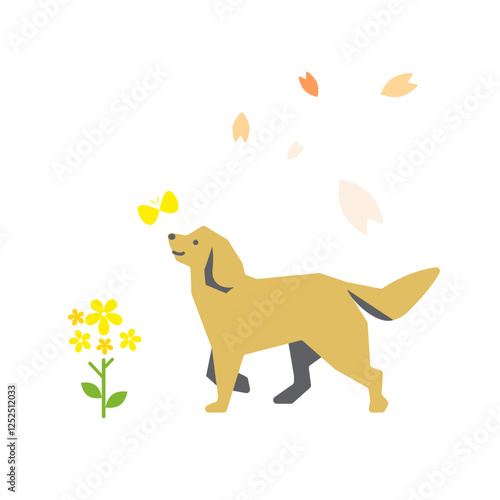 春を喜ぶ犬　カラフルで楽しいフラットイラスト