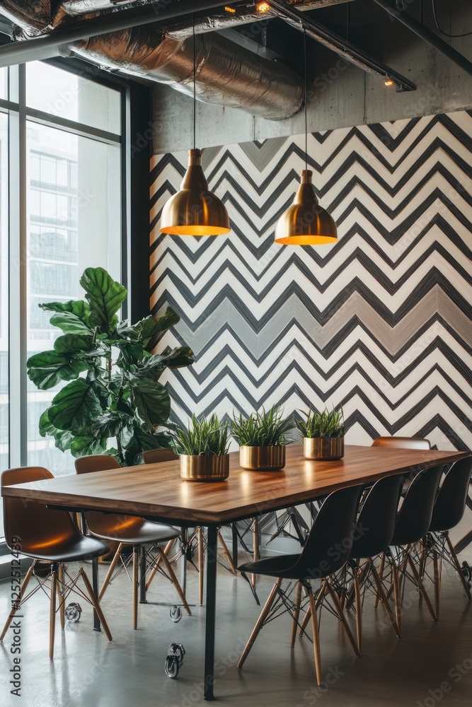 Obraz premium Modern office meeting room with large window, geometric wall, and plants