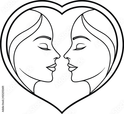 Gemini Zodiac Sign Twin Women Heart Love Outline Drawing