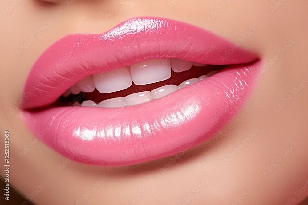 Obraz premium a close-up of a person's lips, which are painted with a bright pink lipstick.