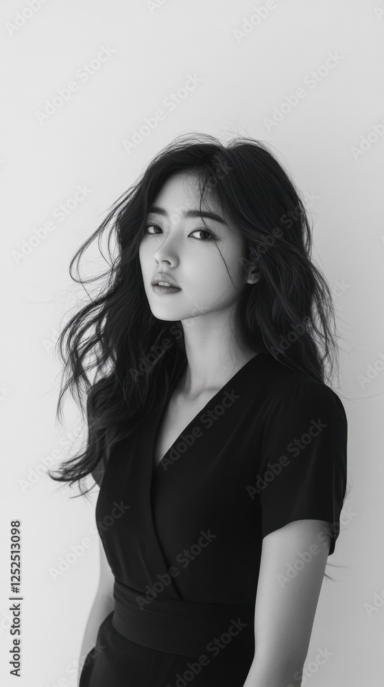 Young asian female in elegant black outfit with flowing hair Young asian female in elegant black outfit with flowing hair