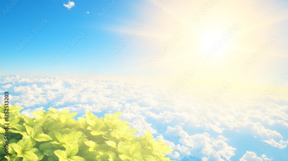 Aerial View of Lush Green Foliage Overlooking a Sea of Clouds Bathed in Sunlight and Blue Sky Hues. Aerial View of Lush Green Foliage Overlooking a Sea of Clouds Bathed in Sunlight and Blue Sky Hues.