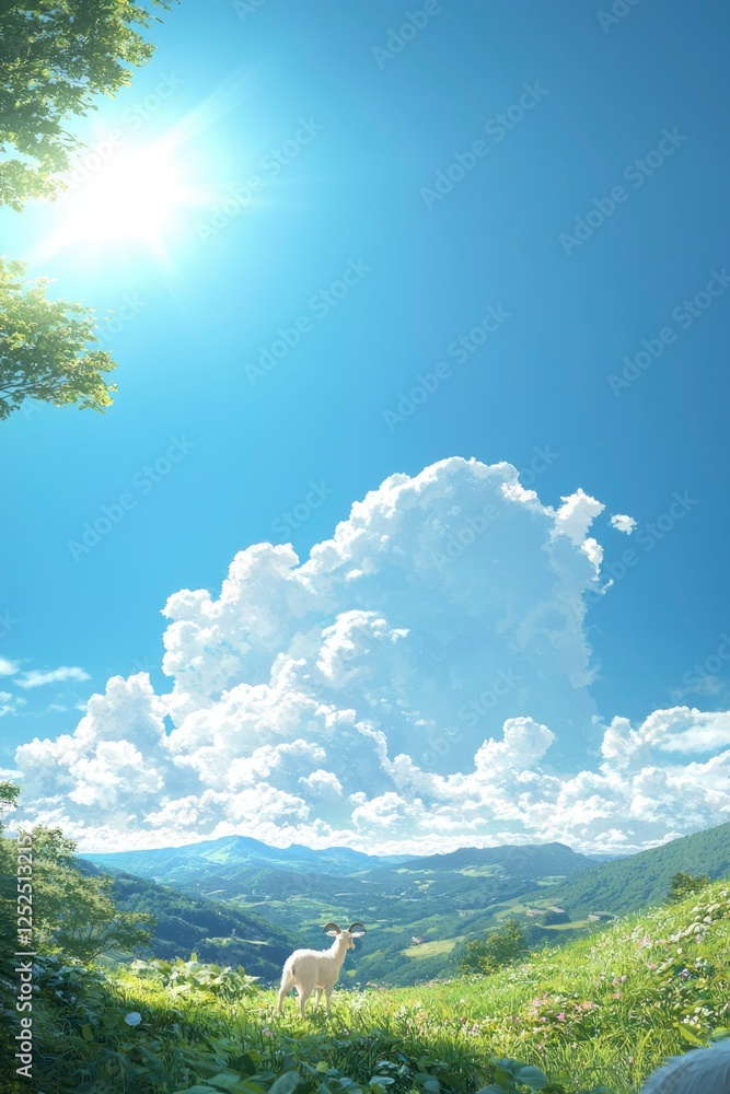 Deer stands on a grassy hill, mountains on background, sunny day, stock image Deer stands on a grassy hill, mountains on background, sunny day, stock image