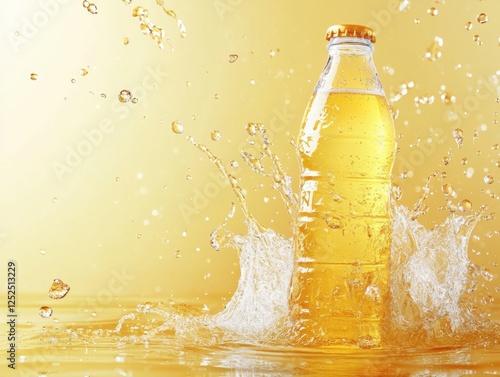 Refreshing splash of chilled lemon iced tea in clear plastic bottle