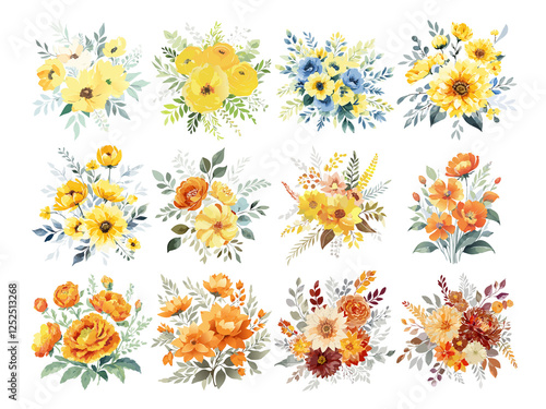 フラワーブーケのイラスト オレンジ イエロー グリーン 水彩風の花束