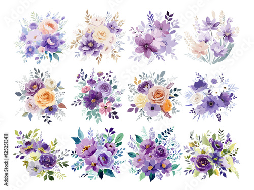 フラワーブーケのイラスト パープル  紫 グリーン 水彩風の花束