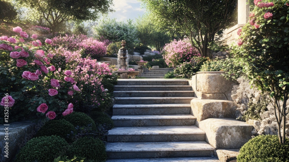 Romantic garden pathway with cascading roses and a tranquil stone fountain Romantic garden pathway with cascading roses and a tranquil stone fountain