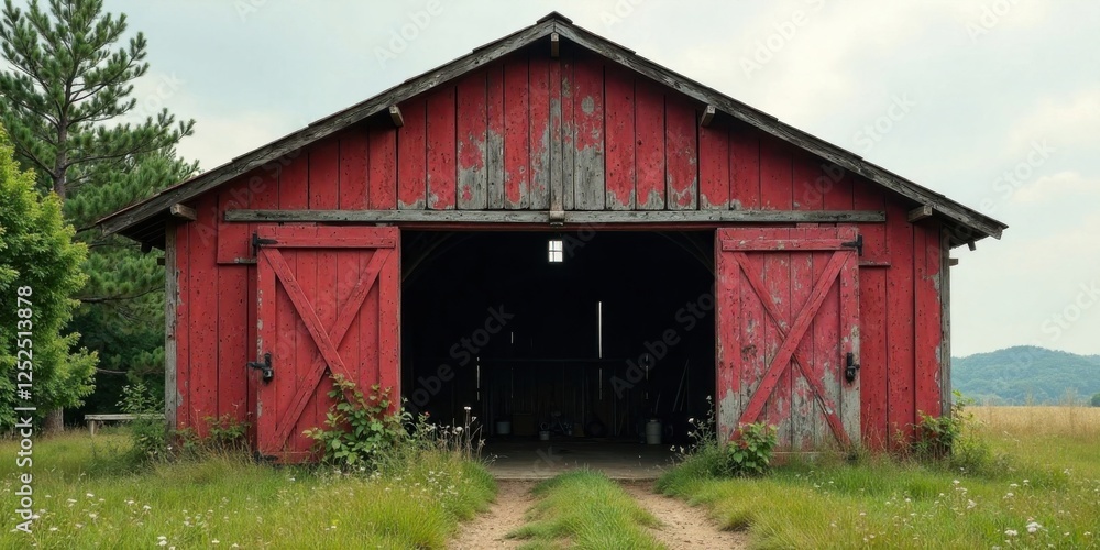 Rustic Red Barn with Weathered Doors Open to Reveal Dark Interior, Set Against a Pastoral Landscape of Lush Green Grass and Distant Hills Rustic Red Barn with Weathered Doors Open to Reveal Dark Interior, Set Against a Pastoral Landscape of Lush Green Grass and Distant Hills