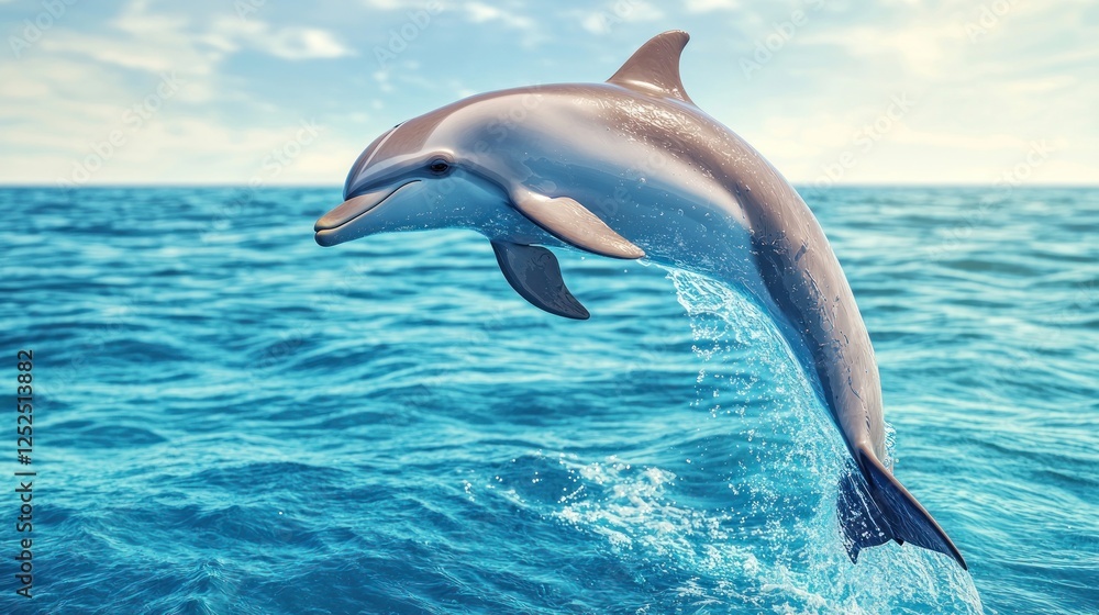 Naklejka premium A baby dolphin jumping out of turquoise water, its sleek body glistening, with a soft focus on the ocean horizon.