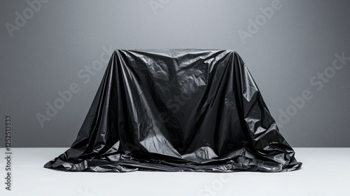Covered object, studio shot, mystery, gray background, product reveal