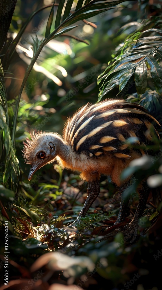 Obraz premium A baby cassowary chick foraging in a rainforest, its striped feathers glowing, with a soft focus on lush greenery.