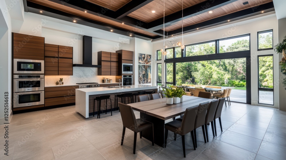 Modern kitchen, dining area, backyard view, luxury home interior, real estate Modern kitchen, dining area, backyard view, luxury home interior, real estate