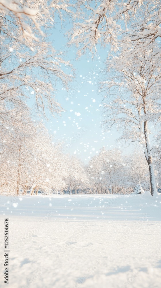 Fototapeta premium Serene winter wonderland with snow-covered trees and falling snowflakes