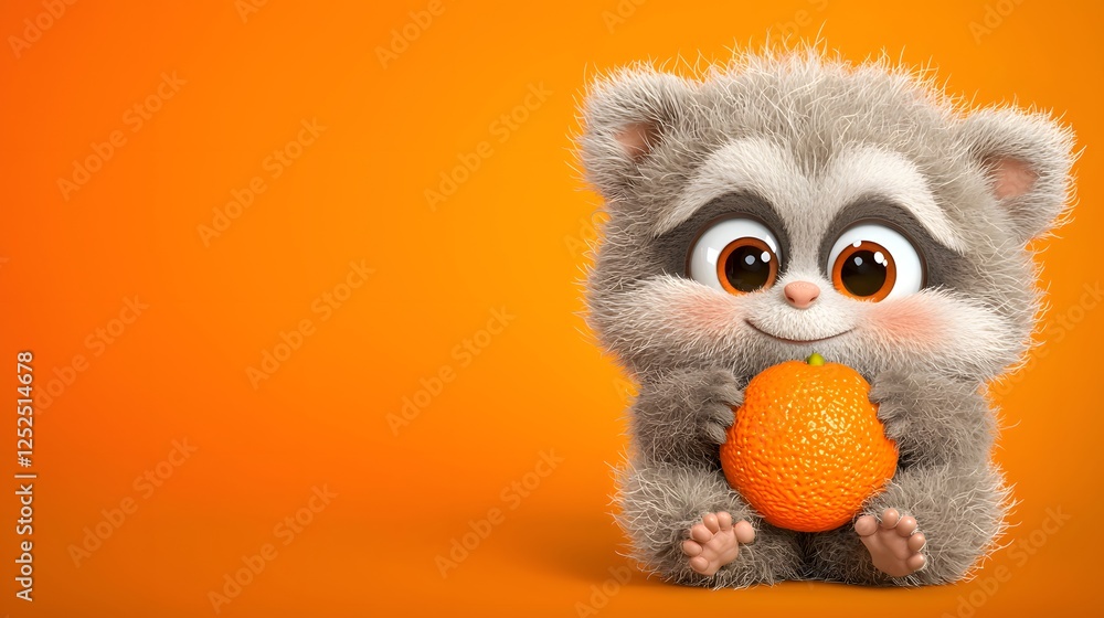 Cute Animated Character Holding an Orange Against Orange Background Cute Animated Character Holding an Orange Against Orange Background