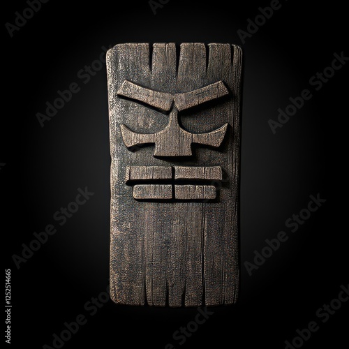 Ancient Wooden Tribal Mask Guardian Carved Artifact with Expressive Face and Textural Detail. photo