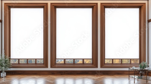 Spacious Interior with Three Large Windows Framed in Elegant Wood Design and Natural Light