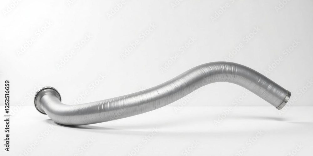 A flexible metallic tube, elegantly curved, rests on a pristine white surface. Its smooth, silver finish reflects light, highlighting its industrial design. A flexible metallic tube, elegantly curved, rests on a pristine white surface. Its smooth, silver finish reflects light, highlighting its industrial design.