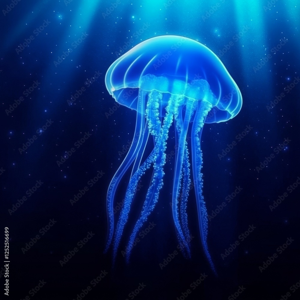 Bioluminescent Jellyfish Dancing in the Deep Sea Mysterious Creature Aquatic Life marine abyss. Bioluminescent Jellyfish Dancing in the Deep Sea Mysterious Creature Aquatic Life marine abyss.