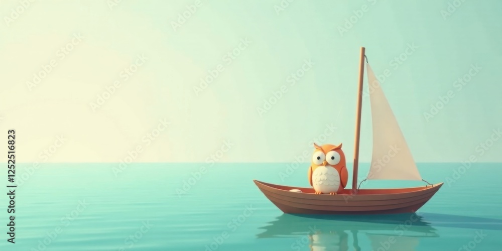 Naklejka premium A whimsical orange owl embarks on a serene voyage aboard a tiny sailboat, gliding effortlessly across a tranquil expanse of turquoise water under a pale, sunny sky.
