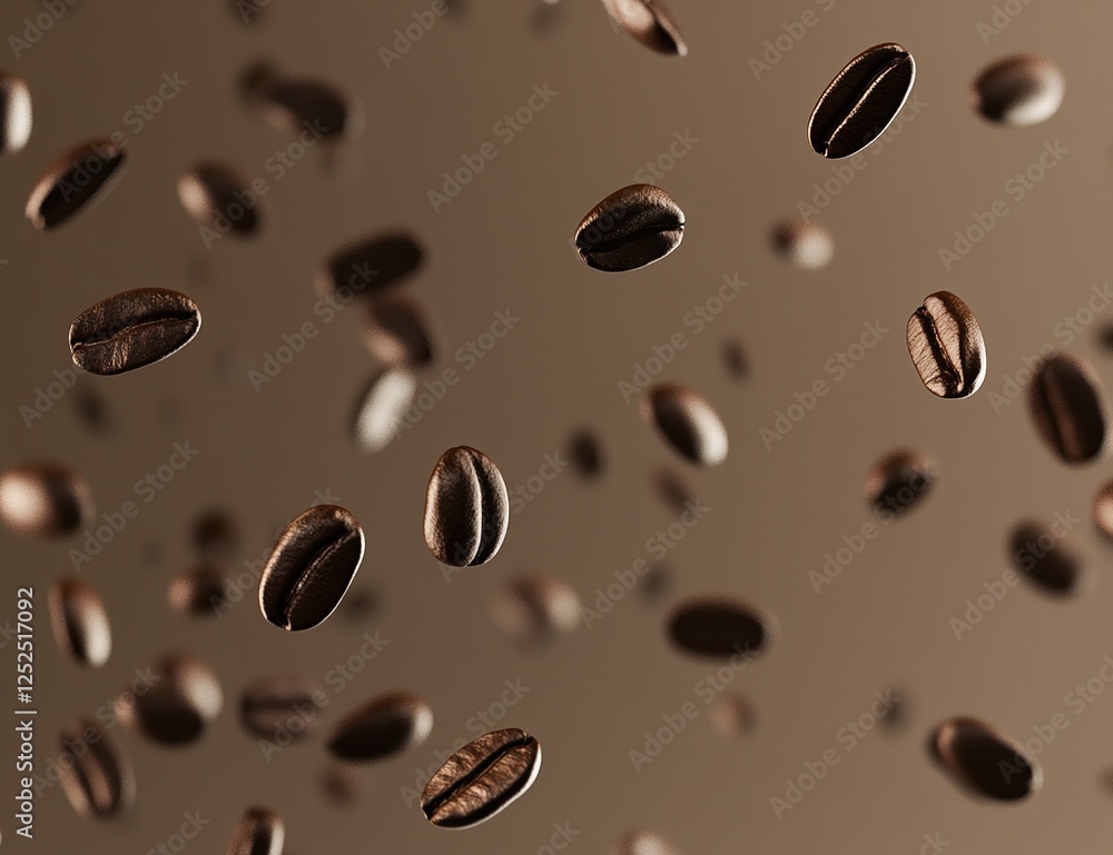 Roasted Coffee Beans Fall Gracefully in Slow Motion, Aromatic and Rich, Evoking a Sensual Experience with Deep Brown Hues. Roasted Coffee Beans Fall Gracefully in Slow Motion, Aromatic and Rich, Evoking a Sensual Experience with Deep Brown Hues.